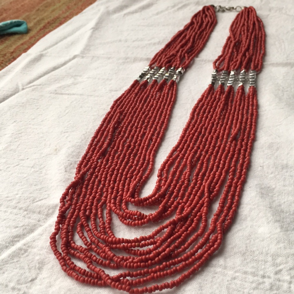 Red beaded layer necklace with silver beading